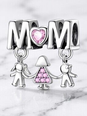 Sterling Silver 'MOM' Charm Bracelet with Family Dangles - Silver